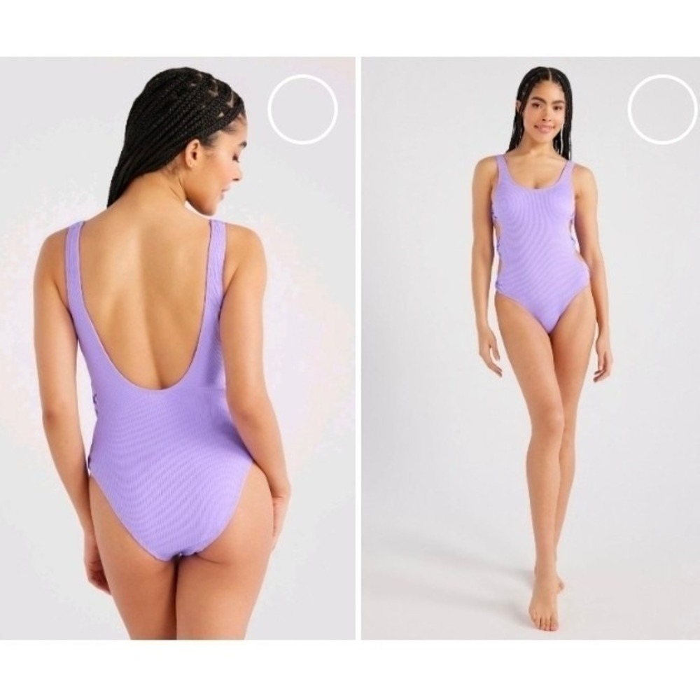 No Boundaries‎ Purple Ribbed One Piece Swimsuit Jr M 7-9 Side Bow Scoop Back Y2K